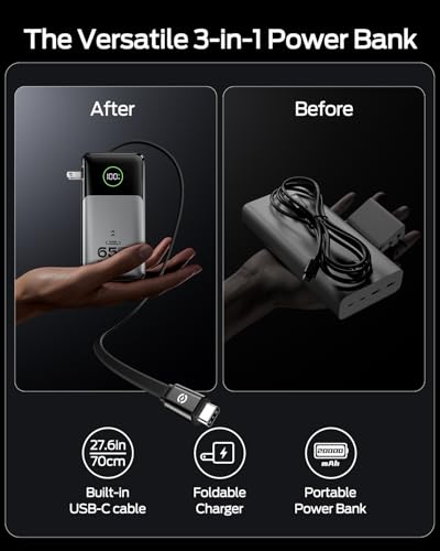 MOVE SPEED Portable Charger Laptop Power Bank 20000mAh 65W, Travel Essentials Battery Pack with Built-in Retractable USB-C Cable & Wall Plug, for MacBook/iPhone 17/16/15/iPad/Galaxy/Dell/HP and More - Image 2