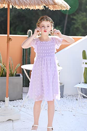 Solid Purple Flared Sleeve Flower Dress for 10 11 Years Old Girls Chiffon Flowy Skirts Square Neck Dresses Size 10-11 Big Girl Swing Midi Dress Classy Bridesmaid Frocks - Image 3
