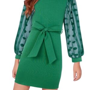 ALLIFly Green Dresses for Girls Size 9-10 Fall Dresses for Kids Casual Winter Dress Mesh Sleeve Self Belted Round Neck