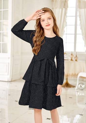 Arshiner Girls Fall Dress Sparkly Shimmery Puff Sleeve A-Line Layer Fancy Party Dresses with Belt Black 5-6 Years - Image 2