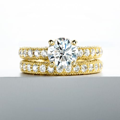 Idocare 2 ct All Moissanite Wedding Rings Set for Women D Color Round Cut Yellow Gold Plated 925 Sterling Silver Engagement Jewelry size 5 - Image 2