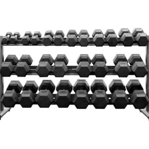 BodyKore 5-70Lb Rubber Coated Hex Dumbbell Set With Frame & Multi Weight Set to Choose, W/ 3 Tier Commercial Rack Set, Ideal for Home Gym and Fitness, (Set of 14 Pairs) Blaack