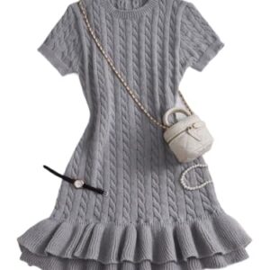 LOOBIS Women’s 2025 Casual Sweater Dresses Solid Color Round Neck Short Sleeves Ruffle Hem Slim Knit Dress