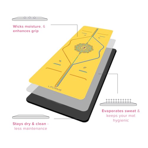 LIFORME Printed Yoga Mat & Travel Mat Bundle Pack – Patented Alignment System, Eco-Friendly, Non-Slip Warrior-Grip, Made with Natural Rubber, Thick, Sweat Resistant, Comfortable - Yellow/Yellow - Image 6