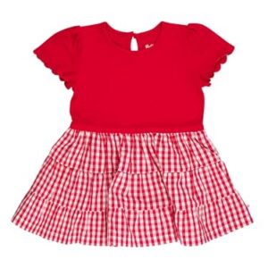 RuffleButts Baby/Toddler Girls Mixed Media Short Sleeve Tiered Dress – Classic Red Gingham, 5