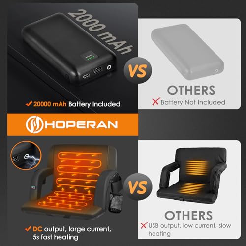 HOPERAN 23" 2pcs Dual-Sided Heated Stadium Seats for Bleachers with Back Support, 20000mAh Power Bank Included Stadium Chair, 3 Levels Heating Stadium Seating for Bleachers Seat with Backrest - Image 7