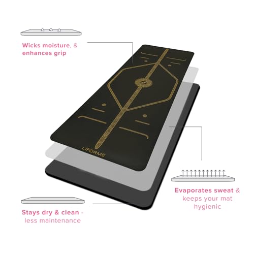 LIFORME Printed Yoga Mat & Travel Mat Bundle Pack – Patented Alignment System, Eco-Friendly, Non-Slip Warrior-Grip, Made with Natural Rubber, Thick, Sweat Resistant, Comfortable - Black and Gold - Image 6