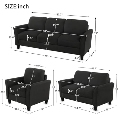DUYHBAWRS Living Room Sets Furniture Armrest Sofa Single Chair Loveseat 3-Seat (Chair,3-Seat, Black) - Image 3