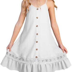 blibean Girls Summer Dress Tween Big Kids Sleeveless Spring Sundress Lace Fancy Strap Sun Dresses Button Beach Clothes Boho Smock Textured Outfit Vestidos Niñas Size 14 15 16 Years Old White