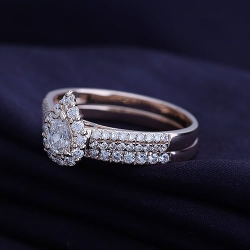 SAVEARTH DIAMONDS Halo Bridal Ring Set For Women 1.00 Cttw Pear And Round Cut Lab Grown Diamond Two Row Wedding Band Rings Set In 14K Yellow Gold Plated Vermeil Jewelry Gift for Her-7.5 - Image 4