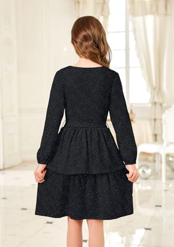 Arshiner Girls Fall Dress Sparkly Shimmery Puff Sleeve A-Line Layer Fancy Party Dresses with Belt Black 5-6 Years - Image 4