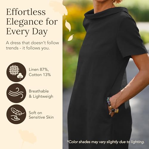 LeMuse Women’s Linen A-Line Dress – Short Sleeve Above the Knee Casual Dress with Pockets, Breathable Lightweight Fabric, Flattering Fit for All Body Types, Versatile Wear for All Seasons - Black (XL) - Image 3