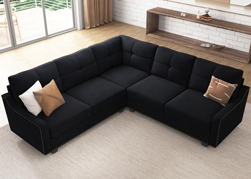 HONBAY Convertible Sectional Sofa L Shaped Couch for Small Apartment Reversible Sectional Couch for Living Room,Velvet Black - Image 4