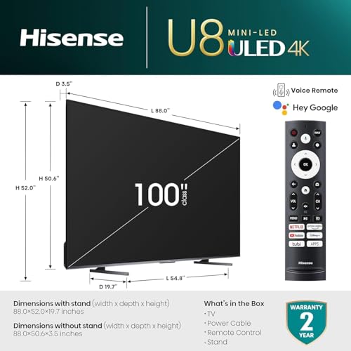 Hisense 100-Inch Class U8 Series Mini-LED ULED 4K UHD Google Smart TV (100U8K) - QLED, 480 Motion Rate, 144Hz Game Mode Pro, Dolby Vision IQ, HDMI 2.1, Alexa Compatibility, 2.1.2 Multi-Channel Audio - Image 2