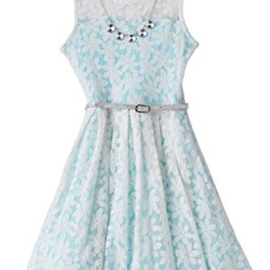 Knitworks Girls Floral Overlay Belted Skater Dress, Mint (10)