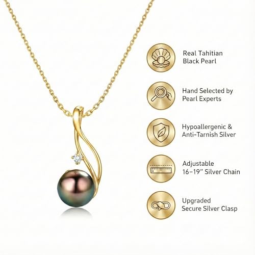 CHAULRI Tahitian Black Pearl Necklaces for Women - Anniversary, Birthday, Valentines Day Gifts for Wife, Girlfriend, Mom 18K Yellow Gold Plated 925 Sterling Silver Real Pearl Jewelry - Image 3