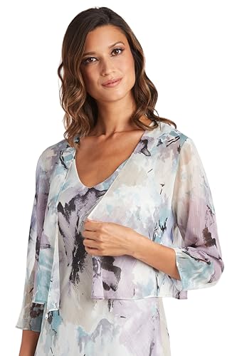 R&M Richards Women's Elegant Floral High-Low Chiffon Dress W/ 3/4 Sleeve Sheer Cropped Bolero | Daytime Whimsical Sundress Blue/Lavender - Image 2