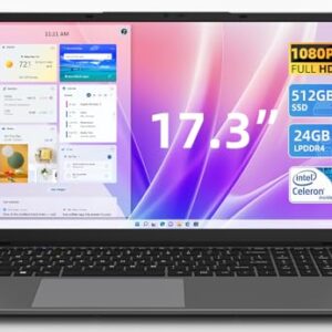 17.3 Inch Windows 11 Laptop Computer with 24GB RAM 512GB SSD, Celeron N5095 CPU(Up to 2.9GHz), 16:10 FHD IPS 1920×1200 Display, Bluetooth 5.0, USB 3.0, Type-C, Portable Business Student Laptops