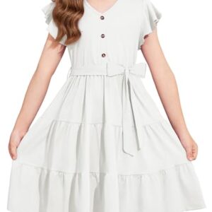 Arshiner Girls Dress Short Sleeve Summer V Neck Button Removable Belt Dresses with Pockets 10-11 Years White