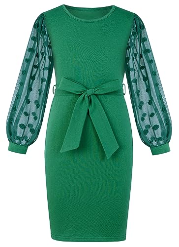 ALLIFly Green Dresses for Girls Size 9-10 Fall Dresses for Kids Casual Winter Dress Mesh Sleeve Self Belted Round Neck - Image 6