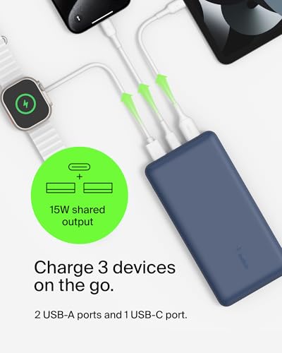 Belkin Portable Charger, USB C Power Bank 20000 mAh w/ 2 USB-A Ports, 15W w/ Type-A to Type-C Cable - iPhone 17, Air, Pro, Pro Max, AirPods, Samsung Galaxy S25, S24, Google Pixel 10, iPad, etc. - Blue - Image 5