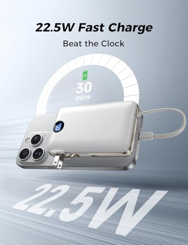 Sucrosey Power Bank, 50000 mAh Portable Charger with Built in Cable & Wall Plug, 22.5W Fast Charging, Travel Essential Battery Pack with LED Display for iPhone 17/16/15/14 Series, Galaxy, iPad White - Image 3