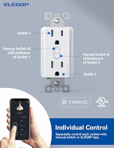 ELEGRP Smart Plug, Smart in-Wall Outlet Compatible with Alexa and Google Assistant, 2.4GHz Wi-Fi Smart Receptacle with Energy Monitoring, No Hub Required, UL Listed, White, 6 Pack - Image 2