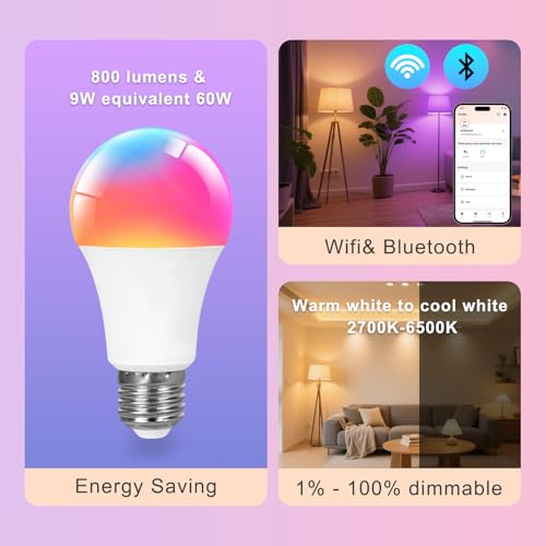 VTimes Smart Light Bulbs, WiFi & Bluetooth Light Bulb, Work with Alexa and Google Home, A19 E26 RGBCW LED Color Changing Light Bulb, 16 Million Colors, Dimmable 2700K-6500K, 9W, 800 Lumens 4 Pack - Image 6