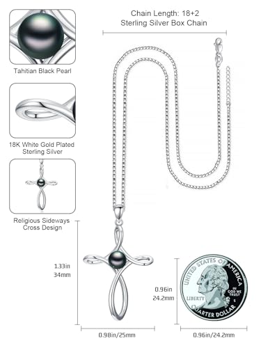 KANNSOAR Tahitian Black Pearl AAAA 18K White Gold Plated Sterling Silver Religious Cross Pendant Necklace for Women Wife Mom Girlfriend Her Jewelry Gift for Anniversary Birthday - Image 5