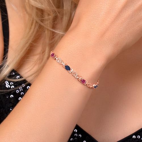 Gemstone Birthstone and Blue Sapphire Heart Link Tennis Bracelet for Women | 18K Rose Gold Plated Silver | Oval 6X4MM | 7.25 Inch Length | Double Locking Fold Over Clasp | Jewelry for Her Mom Wife - Image 5