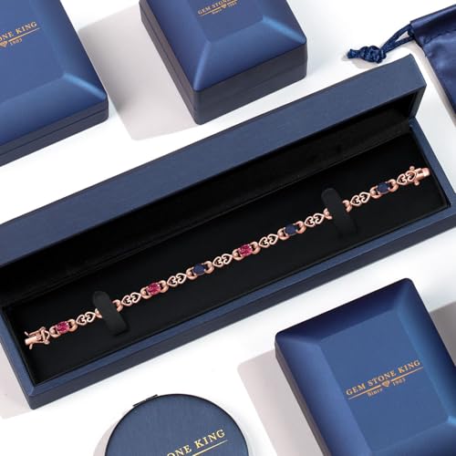 Gemstone Birthstone and Blue Sapphire Heart Link Tennis Bracelet for Women | 18K Rose Gold Plated Silver | Oval 6X4MM | 7.25 Inch Length | Double Locking Fold Over Clasp | Jewelry for Her Mom Wife - Image 4