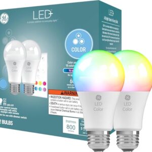 GE LED+ Color Changing LED Light Bulbs with Remote, No App or Wi-Fi Required, A19 Standard Bulbs (2 Pack)
