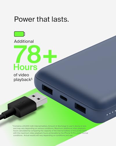 Belkin Portable Charger, USB C Power Bank 20000 mAh w/ 2 USB-A Ports, 15W w/ Type-A to Type-C Cable - iPhone 17, Air, Pro, Pro Max, AirPods, Samsung Galaxy S25, S24, Google Pixel 10, iPad, etc. - Blue - Image 6