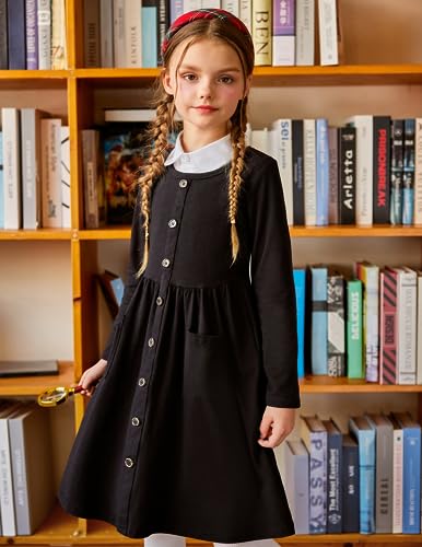 Arshiner Girls Long Sleeve Casual Swing Dresses Black 7-8 Years - Image 2
