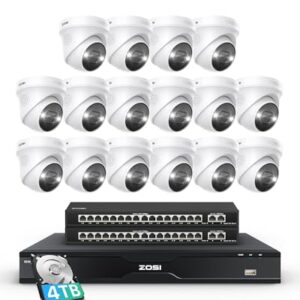 ZOSI 32 Channel 4K PoE Security Camera System, Face Person Vehicle Detection, 2 Way Audio, 16 x 8MP Spotlight Outdoor Indoor IP Cameras, 32CH 4K NVR with 4TB HDD for 24/7 Recording