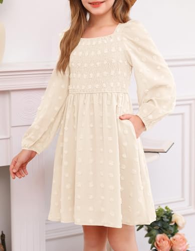 HOSIKA Girls Long Sleeve Dress Swiss Dot Square Neck Smocked Fall Dresses with Pockets 12-13 Years Apricot - Image 5