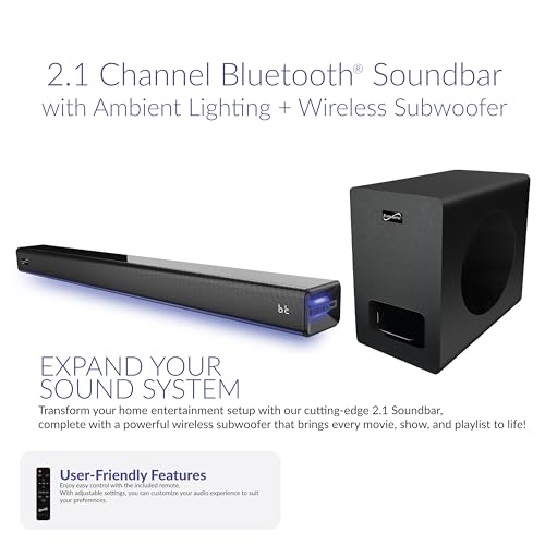 Supersonic SC-1425WSW 2.1 Channel Bluetooth Soundbar with Wireless Subwoofer, Ambient Lighting, HDMI ARC, FM Radio, USB, AUX, Optical Input,3 EQ Modes, 80W RMS, 10M Range- Home Theater Surround System - Image 2