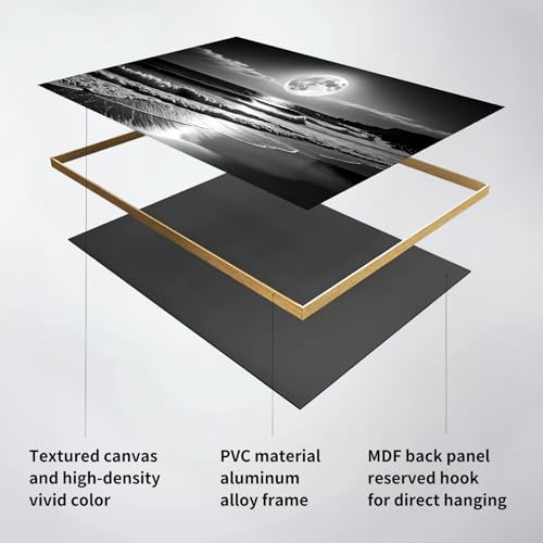 GOSTUDY Black and White Modern Wall Art,Night Sky Art,Moon and Ocean Landscape,Canvas Art Print, Black and White Pictures for Living Room,Bedroom,Dining Room,Entryway,Large Framed Ready to Hang (Black Frame, 69" L x 39" W) - Image 3