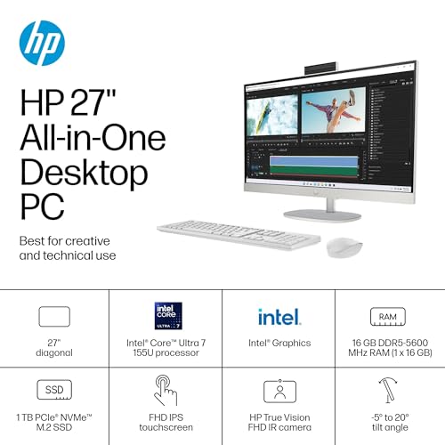 HP 27" Touchscreen All-in-One Desktop - Windows 11 Pro PC for Business & Home, 27 inch FHD Anti-Glare LED Display, Intel 12-Core Ultra 7 155U, Adjustable Height, FHD IR Camera, 64GB DDR5 | 4TB SSD - Image 2