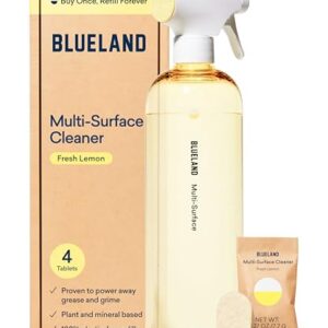 BLUELAND Multi-surface Cleaner, Starter Set, Fresh Lemon Scent, Spray Bottle with 4 Refill Tablets, All-Purpose, Eco-Friendly Cleaning Supplies, 4 x 24 Fl oz