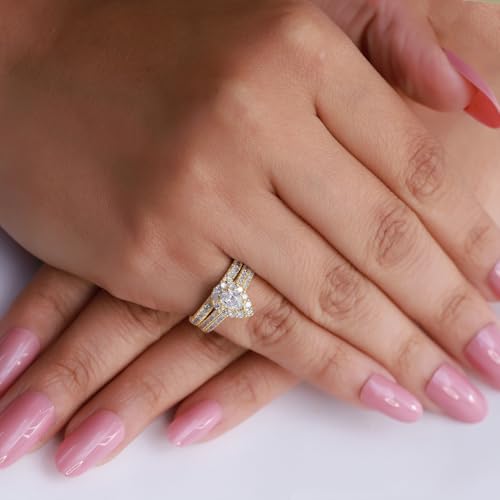 SAVEARTH DIAMONDS Halo Bridal Ring Set For Women 1.00 Cttw Pear And Round Cut Lab Grown Diamond Two Row Wedding Band Rings Set In 14K Yellow Gold Plated Vermeil Jewelry Gift for Her-7.5 - Image 2