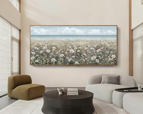 Extra Large Framed Wall Art Blue Seaside And White Flower Wall Decor Farmhouse Art Work Natural Scenery Prints Modern Landscape Picture For Living Room Bedroom Office Hallway 86"x39" - Image 4