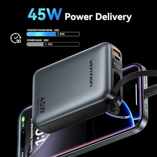 VENTION 45W Power Bank, CCC Certified 20000mAh with Built-in USB-C Cable, Fast Charging Travel Portable Charger with LED Digital Display for iPhone 17/16/15 Xiaomi Galaxy S26/S25 iPad Laptop(Gray) - Image 3