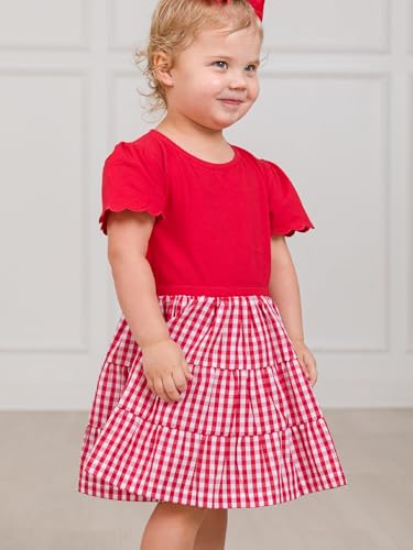 RuffleButts Baby/Toddler Girls Mixed Media Short Sleeve Tiered Dress - Classic Red Gingham, 5 - Image 4