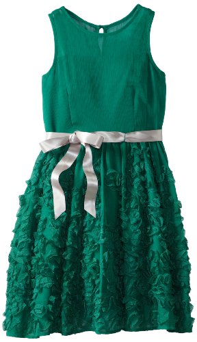 Blush by Us Angels Big Girls' Lace Detail Crinkle Dress, Evergreen, 10