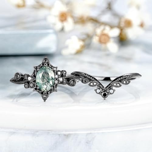 Yusaglow High-grade Vintage 2CT Oval Cut Nature Moss Agate Wedding Ring Set Gothic Moss Agate Women Bridal Ring Anniversary Jewelry Gifts Black Gold Plated S925 Silver,Style10,Size7 - Image 2