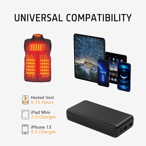 Whsahans 5V 2A 20000mah Heated Vest Heated Jacket Battery Pack Power Bank Rechargeable Battery for for Heated Vests Heated Jackets Heated Hoodies for Men Women(No DC Port, Not Suit for 7.4v) - Image 4