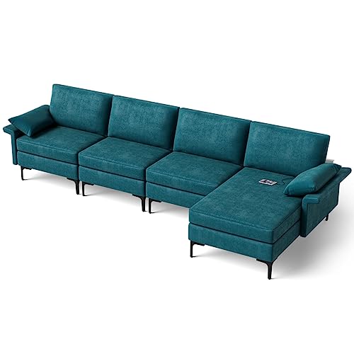 OUDINI Modern L Shape Lounge, Modern 4 Seat, Sectional Couches, Living Room Furniture Sets, W/Reversible Chaise & 4 USB Ports (Blue - Image 4