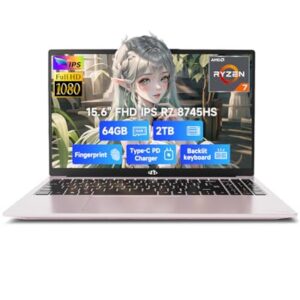 NIMO 15.6″ IPS FHD-Gaming-Laptop, AMD Ryzen 7 8745HS 64GB DDR5 RAM 2TB SSD (8C/16T, up to 4.9GHz) Radeon 780M Graphics Business Computer with 100W Type-C Backlit Keyboard, Fingerprint USB-C 4.0