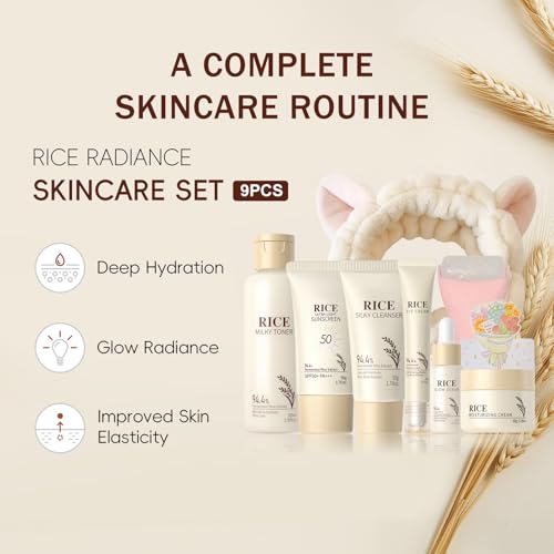 Rice Skincare Set for Women & Girls – Korean Skin Care Set with Rice Cleanser, Toner, Serum, Face Cream, Eye Cream, Sunscreen, Ice Roller, Headband & Card – Moisturizing & Skin Barrier Support (9PCS) - Image 2